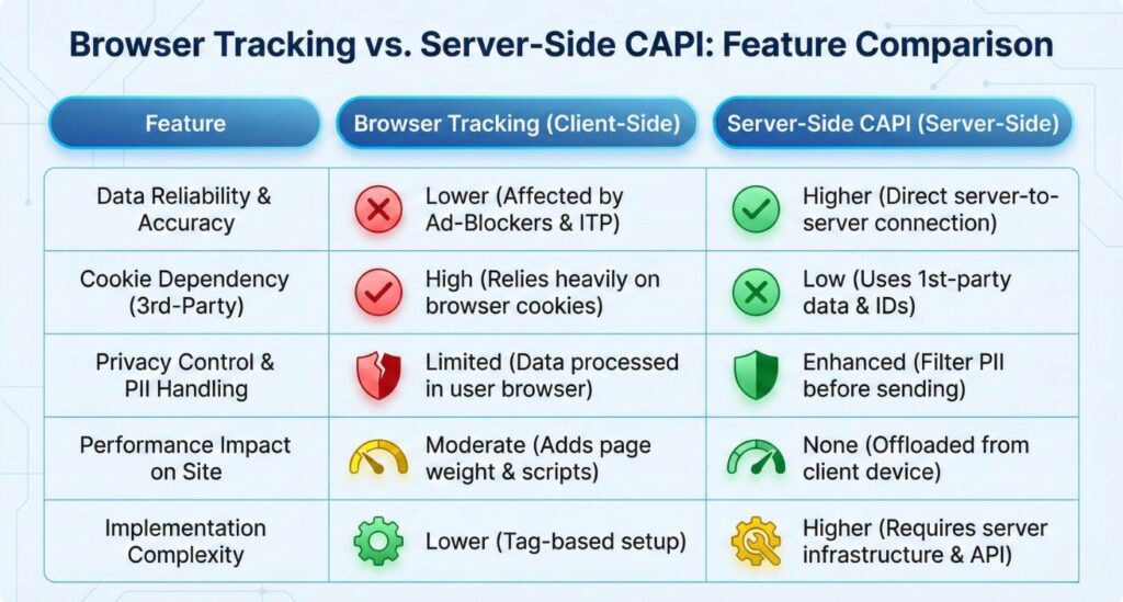 A Comparison table showing Browser Tracking vs. Server-Side CAPI tracking features.