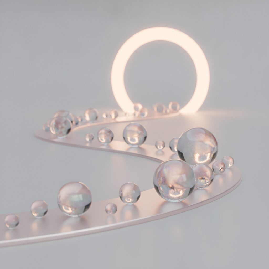Winding timeline path with glass spheres representing weighted customer touchpoints.