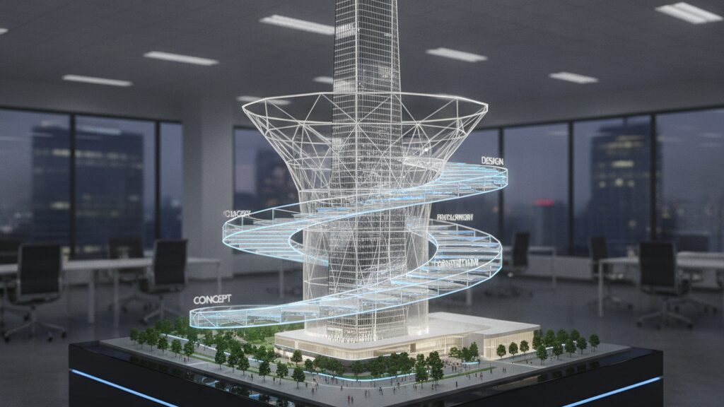 Miniature modern commercial skyscraper beside a luminous geometric funnel.