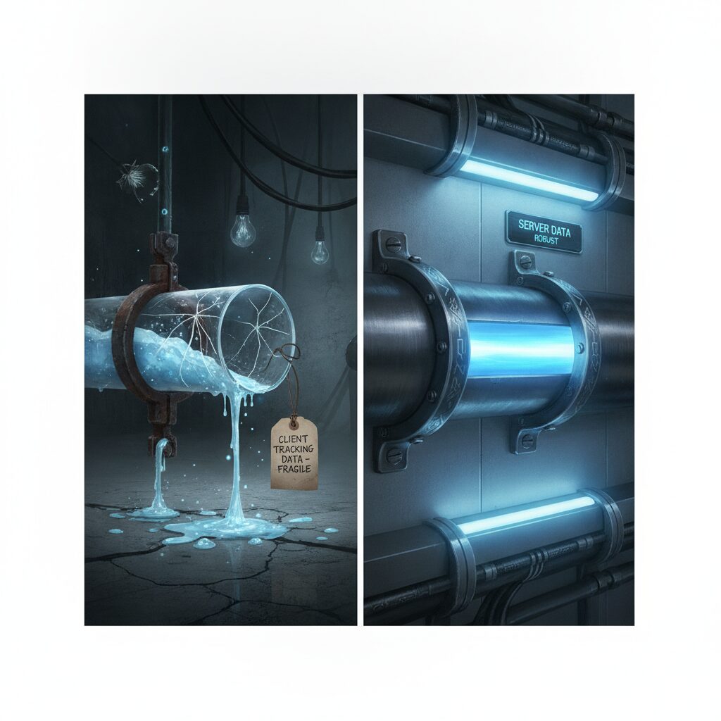 Side-by-side conceptual comparison of a leaking glass pipe and solid metallic conduit.