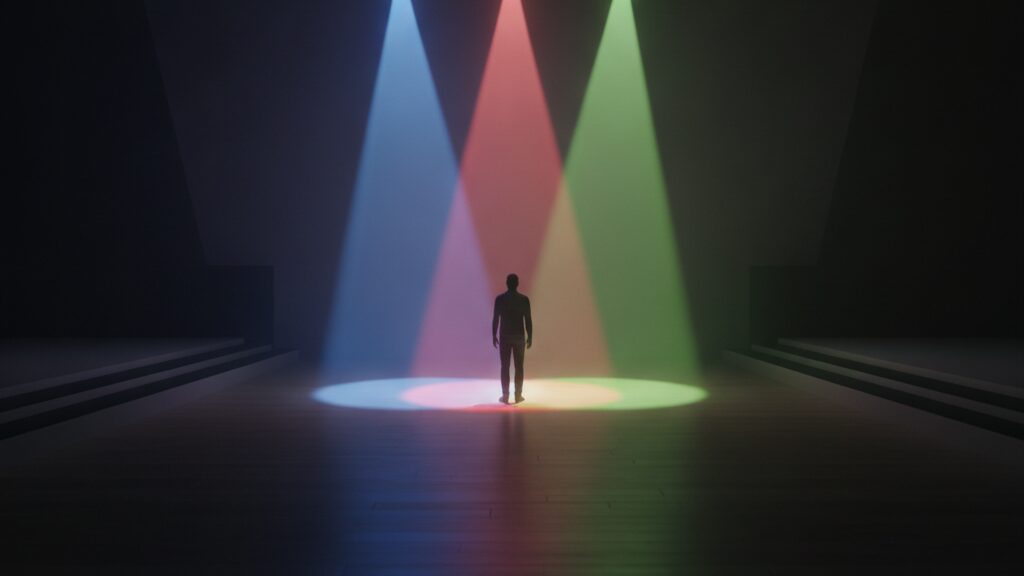 Multiple colored spotlights overlapping on a single customer silhouette.