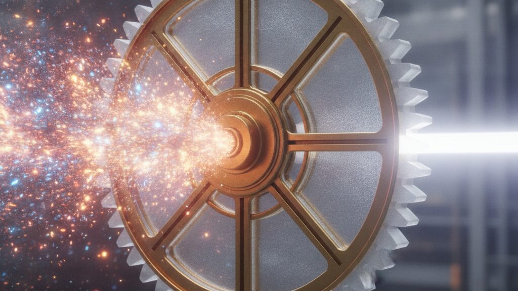 Synchronized mechanical gears filtering light particles into an orderly stream.