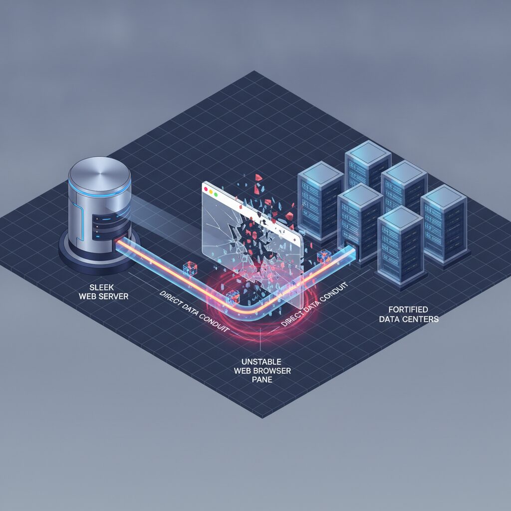 Isometric illustration of secure data flowing directly from a server conduit.