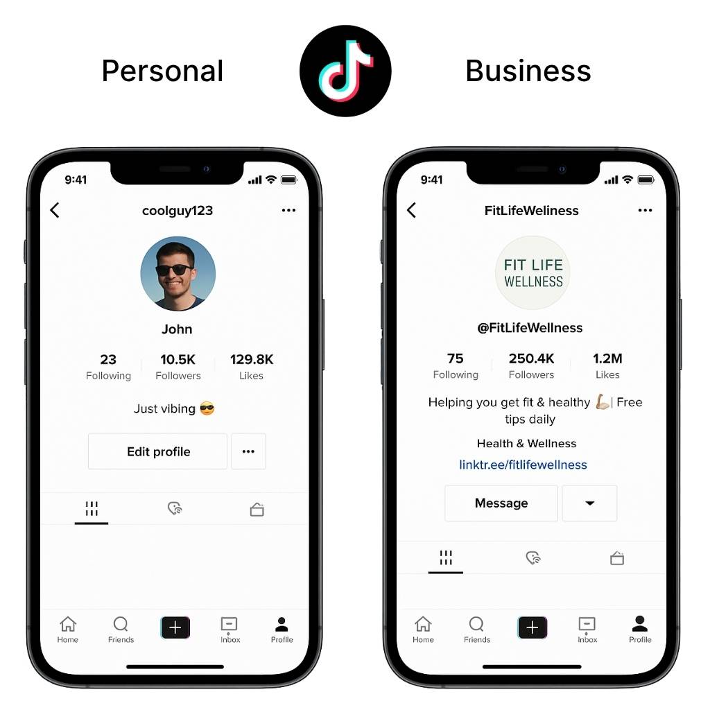 A side-by-side comparison showing a personal TikTok profile vs