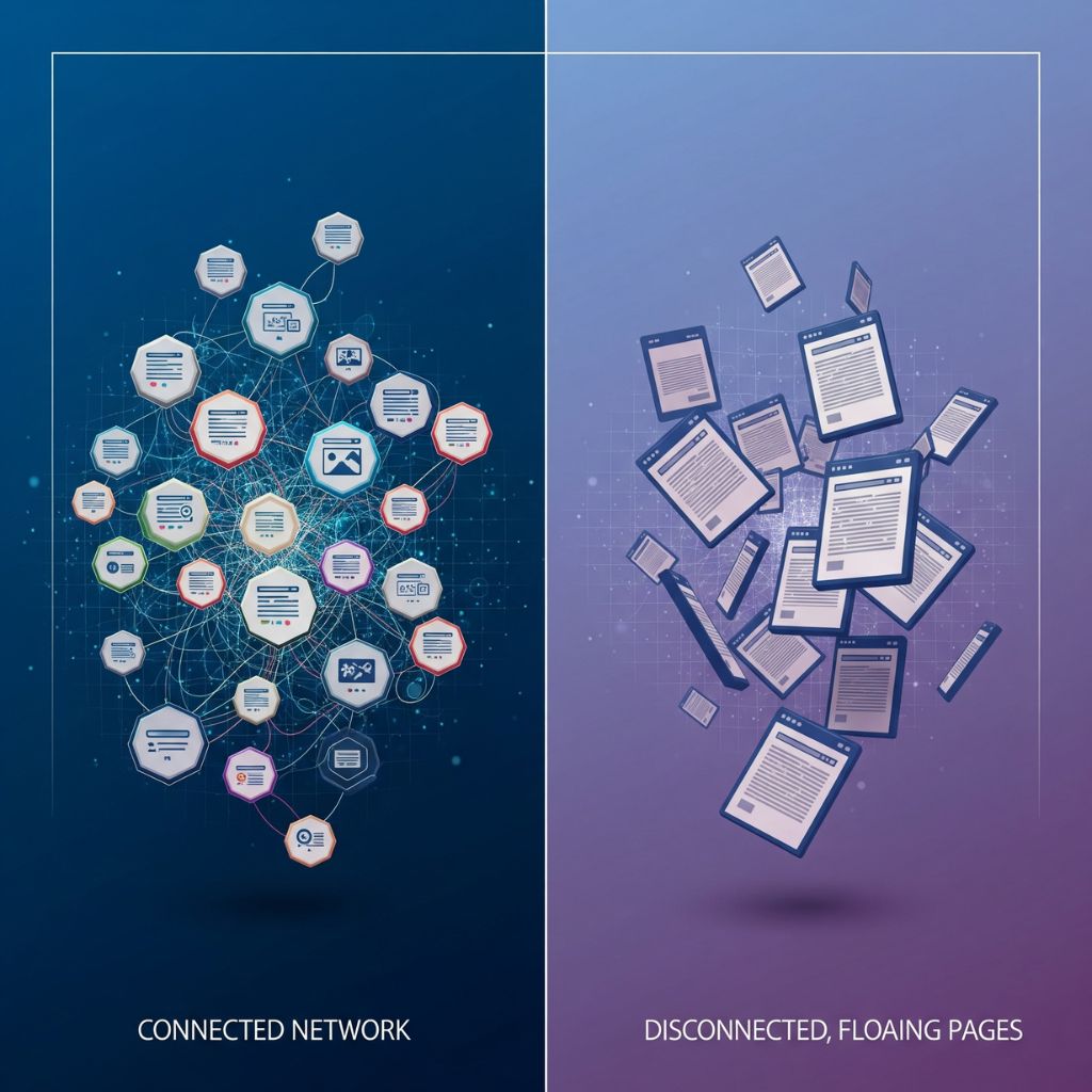 An illustration showing a website as a connected network of pages, contrasted with a website of disconnected, floating pages