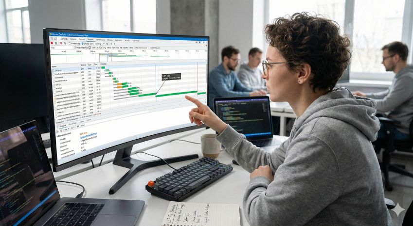 A developer analyzing a performance waterfall chart in Chrome DevTools to fix LCP Web Vitals