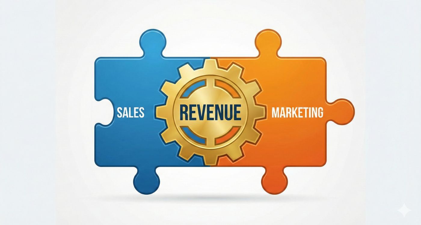 A graphic showing two puzzle pieces labeled "Sales" and "Marketing" fitting together perfectly to form a gear labeled "Revenue