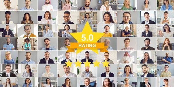 A collage of happy customer faces next to a 5-star rating icon