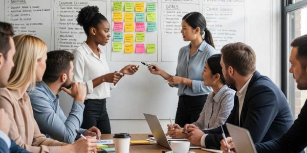 A diverse team of marketers collaborating and brainstorming around a whiteboard with sticky notes, illustrating the process of creating buyer personas