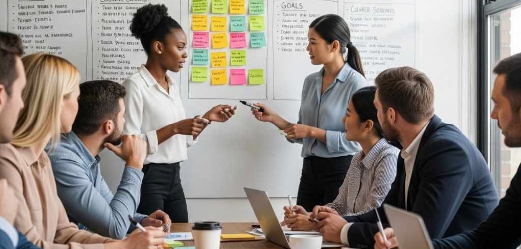 A diverse team of marketers collaborating and brainstorming around a whiteboard with sticky notes, illustrating the process of creating buyer personas