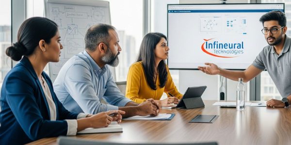 A professional team photo of the Infineural Technologies staff in a meeting looking collaborative and focused