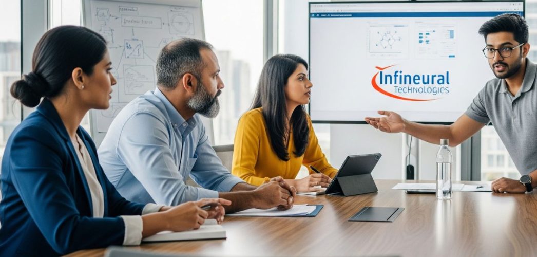 A professional team photo of the Infineural Technologies staff in a meeting looking collaborative and focused