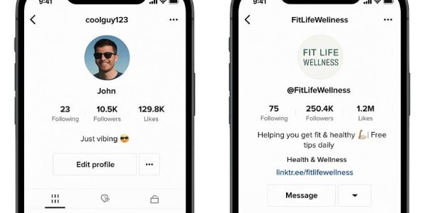 A side-by-side comparison showing a personal TikTok profile vs