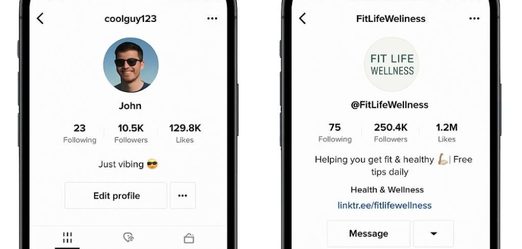 A side-by-side comparison showing a personal TikTok profile vs