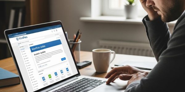A stressed website owner looking at the WordPress update notification on their laptop screen