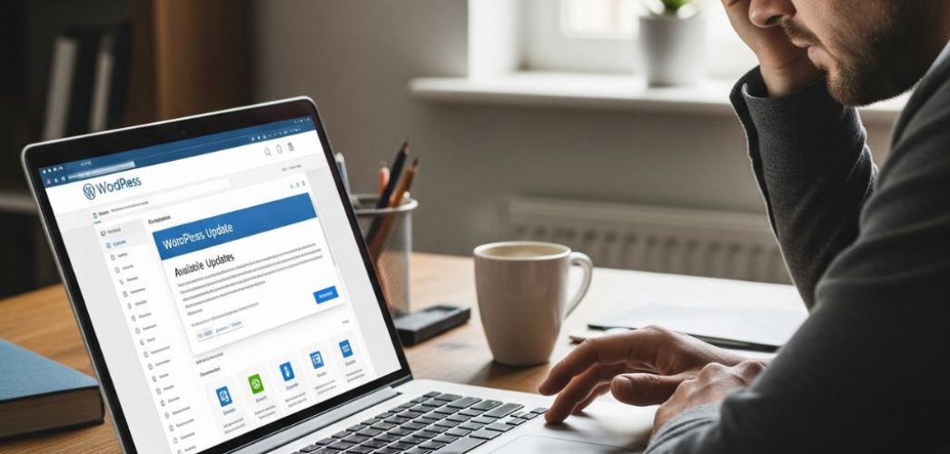 A stressed website owner looking at the WordPress update notification on their laptop screen
